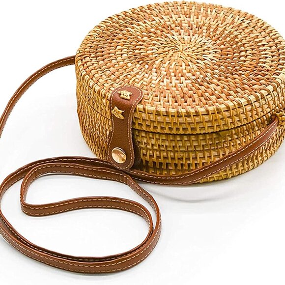 Handwoven Round Rattan Bag Women Beach Straw Crossbody Bag Chic Shoulder Bag wit - Picture 2 of 6
